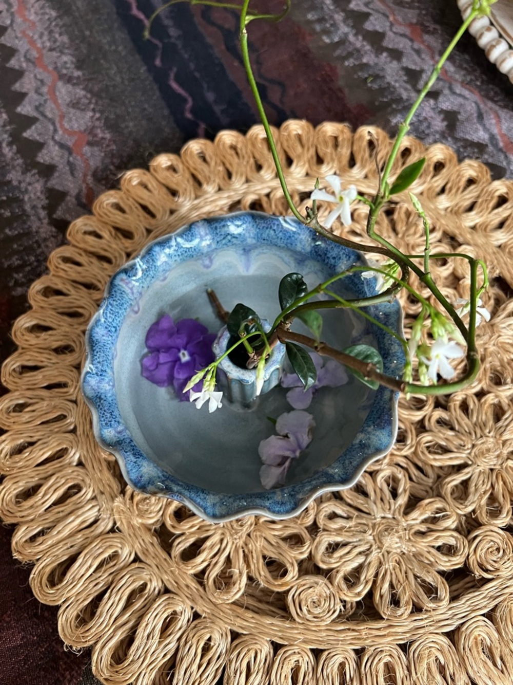 Handmade Blue Glazed Ceramic Flower Frog Vase Studio Pottery Bud Bowl 7” - Picture 2 of 9
